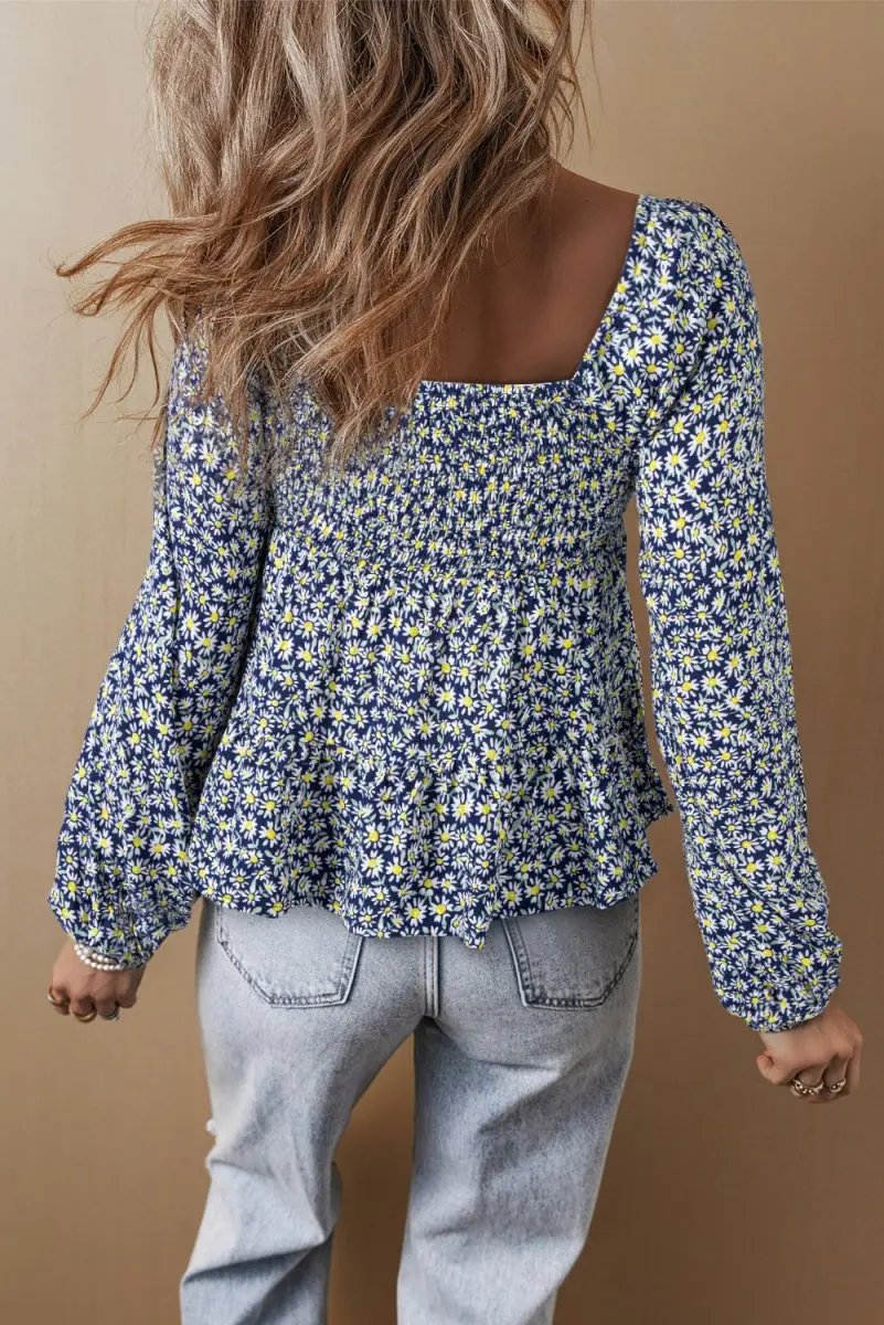 Blue Boho Floral Print Smocked Square Neck Blouse - Love Salve